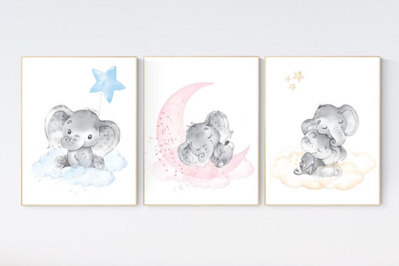 Nursery wall art neutral, nursery wall art elephant, cloud and stars, gender neutral, baby room decor, elephant balloon, yellow nursery