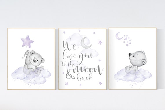 Nursery decor girl purple, nursery decor bear, teddy bear nursery, lilac nursery print, lavender, baby room decor, nursery wall art animals