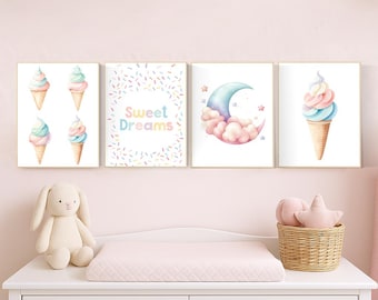 Pastel Nursery Prints Set: Ice Cream, Moon, Sweet Dreams Decor