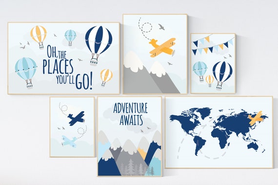 Adventure nursery decor, Nursery decor boy mountains adventure, nursery decor boy airplane, world map nursery, adventure awaits, navy yellow