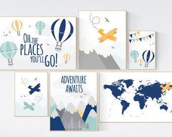 Adventure nursery decor, Nursery decor boy mountains adventure, nursery decor boy airplane, world map nursery, adventure awaits, navy yellow