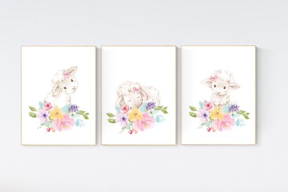 Nursery decor girl, sheep wall art, flower nursery, nursery decor lambs, Sheep nursery decor, flower nursery, floral nursery