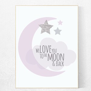 Nursery decor girl lilac, Lavender nursery wall art, nursery decor girl purple, we love you to the moon and back, purple and gray moon print
