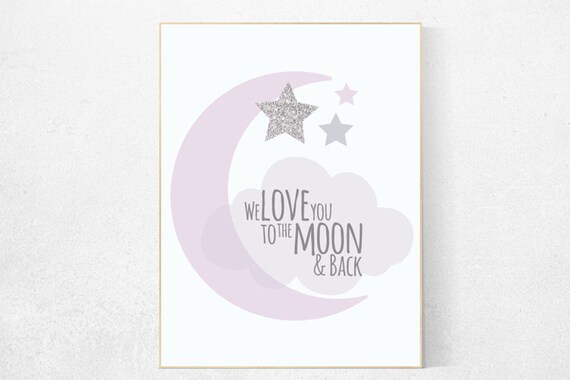 Nursery decor girl lilac, Lavender nursery wall art, nursery decor girl purple, we love you to the moon and back, purple and gray moon print