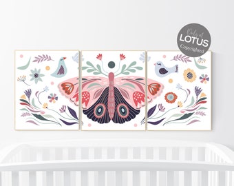 Boho Butterfly Nursery Decor: Floral Girl Nursery Wall Art