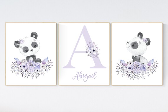 Nursery decor girl, panda nursery, purple nursery wall art, floral nursery, nursery decor animal, girl nursery wall decor, flower nursery