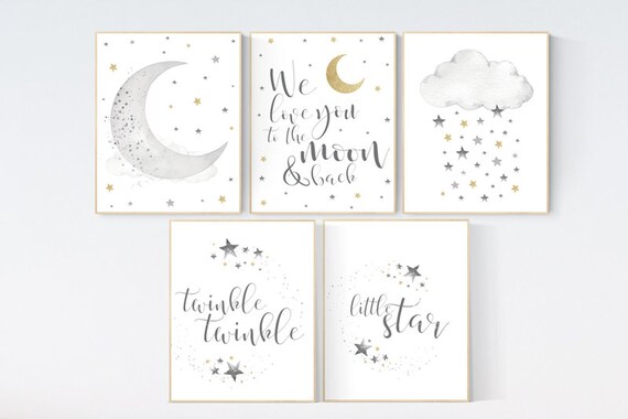 Nursery wall art grey, gray gold nursery, nursery decor neutral, baby room decor gender neutral, moon and stars, grey gold, baby room art