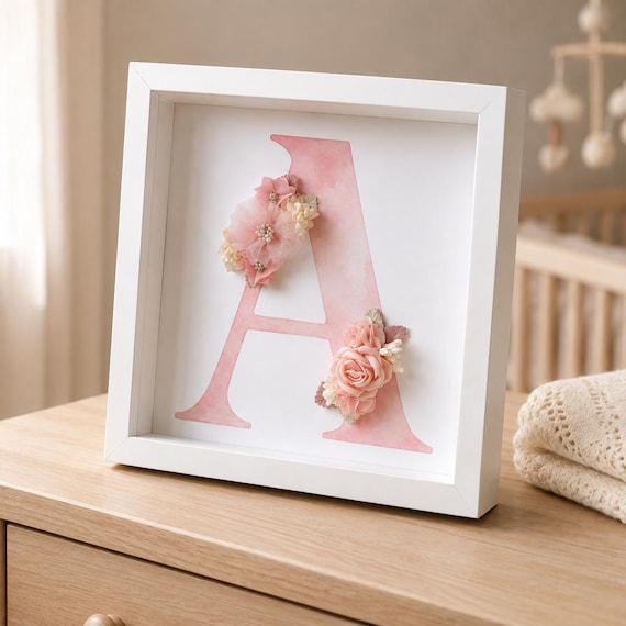 Personalized Pink Floral Initial Shadow Box Art, 9x9 Nursery Monogram (Physical Art)