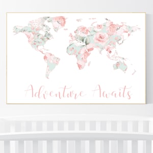 Decorazione per la cameretta dei bambini corallo menta, mappa del mondo floreale, decorazione per la cameretta delle bambine, arte da viaggio per la cameretta dei bambini, stampa floreale per la cameretta dei bambini, menta cipria, cameretta floreale