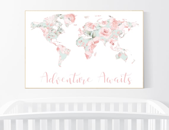 Nursery decor coral mint, Floral World Map, Girl Nursery Decor, Travel Nursery Art, floral Nursery Print, blush mint, floral nursery