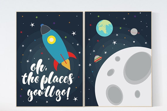 Oh the places you'll go, space nursery decor, baby boy, moon print, playroom decor, kids room, outer space, playroom decor, kids room decor