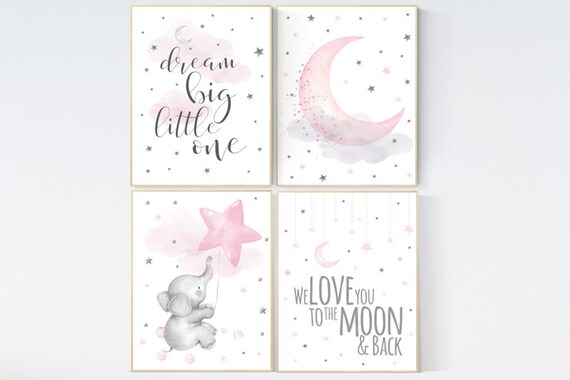 Nursery decor girl pink and gray, elephant nursery, nursery decor girl pink, we love you to the moon and back, moon and star nursery