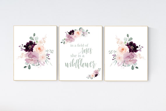 Nursery decor girl purple, mauve, Burgundy, floral nursery, flower nursery, butterfly, nursery prints girl, nursery wall decor girl, flower