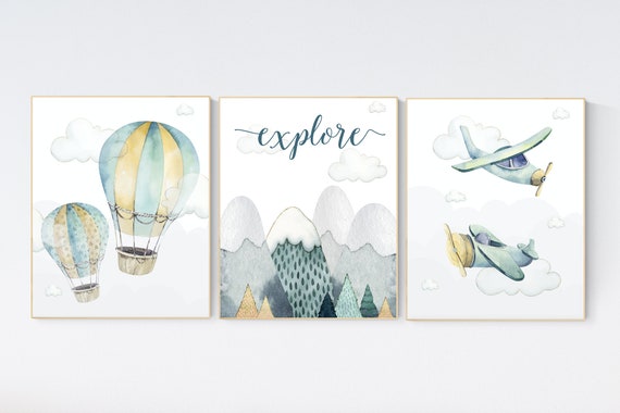 Nursery decor boy mountain, adventure nursery, travel theme nursery, woodland, gender neutral, explore, hot air balloon, plane, neutral