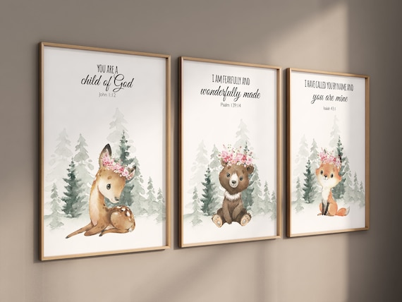 Woodland nursery decor girl, animal nursery decor for girl, animal prints for nursery, animal wall art print, girls nursery prints