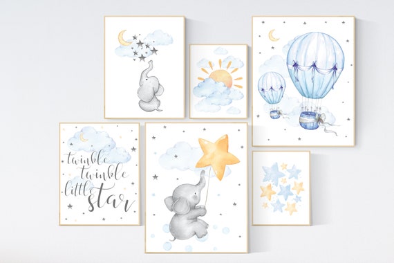 Nursery decor gender neutral, Animal prints, Nursery wall art elephant, blue yellow, nursery wall decor, twinkle twinkle little star