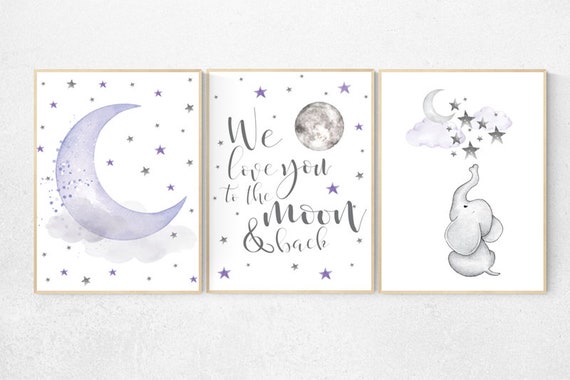 Nursery decor girl purple, Nursery wall art girl purple, elephant nursery, lilac nursery, we love you to the moon and back, lavender gray