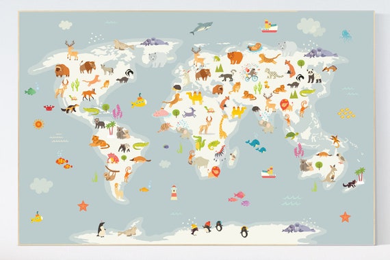 Nursery world map, Animals map, Animal map nursery, Animal world map, animal map of the world, gender neutral nursery, animals of the world