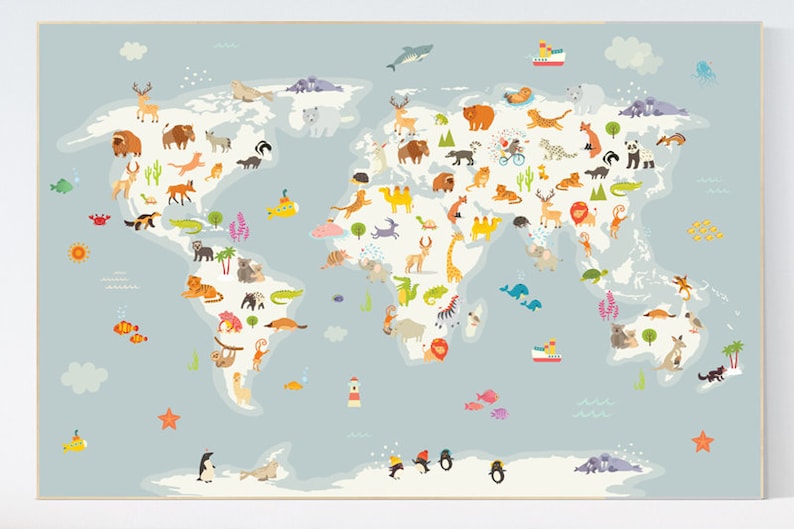 Nursery world map Animals map Animal map nursery Animal Etsy