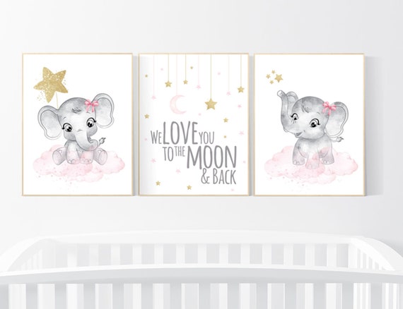 Nursery wall art girl elephant, pink and gold, Nursery decor girl, pink gold nursery prints, animal prints, girl nursery ideas, elephant