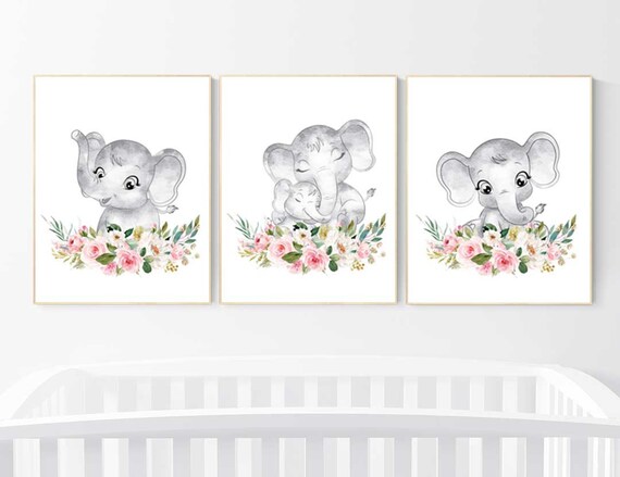 Nursery decor girl boho, elephant nursery wall art, nursery decor girl floral, nursery decor girl woodland, floral nursery, boho nursery