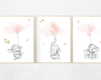 Elephant Nursery Art: Blush Pink & Gold Balloon Prints