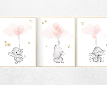 Nursery wall art girl, Blush pink nursery decor, blush gold nursery, nursery decor elephant, peach nursery, blush nursery, animal balloon