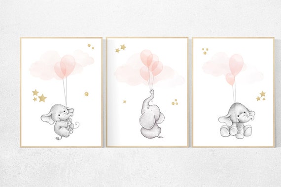 Nursery wall art girl, Blush pink nursery decor, blush gold nursery, nursery decor elephant, peach nursery, blush nursery, animal balloon