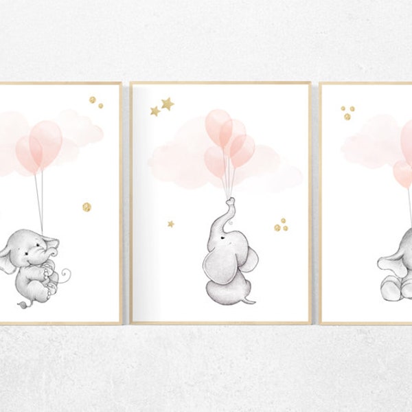 Elephant Nursery Art: Blush Pink & Gold Balloon Prints
