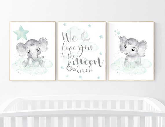 Nursery art elephant, nursery pictures, baby room pictures, gender neutral, nursery decor neutral, mint green nursery, baby room ideas