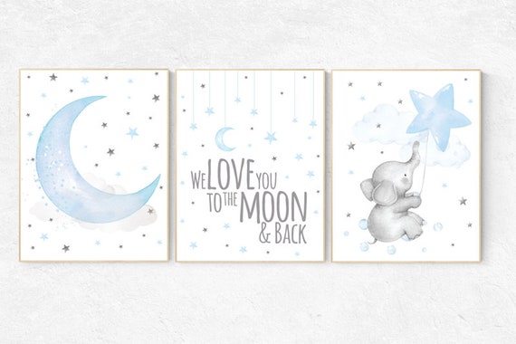 Nursery wall art boy elephant, we love you to the moon and back, Blue gray, Nursery decor boy, clouds and stars nursery, blue grey, moon