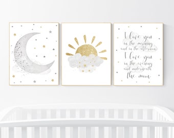 Nursery wall art grey, gray gold nursery, sunshine, moon nursery, nursery decor neutral, baby room decor gender neutral, grey gold nursery