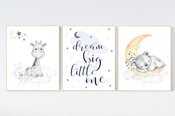 Navy yellow nursery decor, animal nursery, giraffe and bear, navy and yellow nursery art, baby room wall art, nursery prints boy