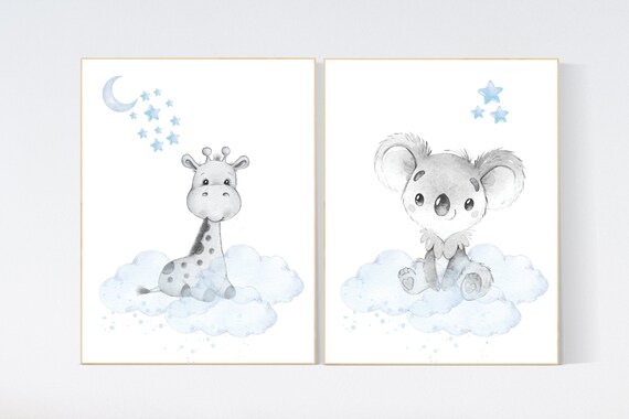 Nursery decor boy koala and giraffe, Animal nursery for boys, blue gray, baby room wall art, nursery wall art animals, boys room prints