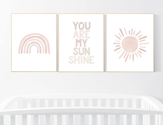 Nursery prints rainbow, Nursery decor girl, nursery wall art, blush pink, moon star, cloud, nursery wall art, light coral, blush, rainbow