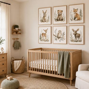 Woodland Nursery Wall Art Set of 6, Forest Animal Prints, Bear Bunny Fox Deer image 1