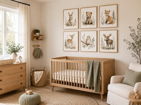Woodland Nursery Wall Art Set of 6, Forest Animal Prints, Bear Bunny Fox Deer