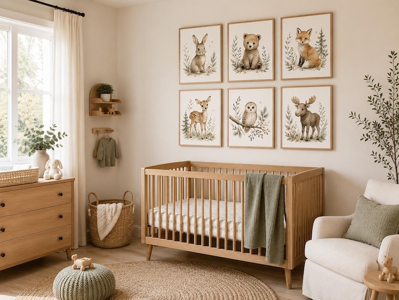 Woodland Nursery Wall Art Set of 6, Forest Animal Prints, Bear Bunny Fox Deer image 1