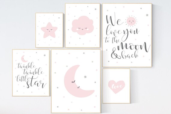 Nursery wall art girl elephant, pink grey, nursery decor girl pink, we love you to the moon and back, moon and stars, baby room decor girl