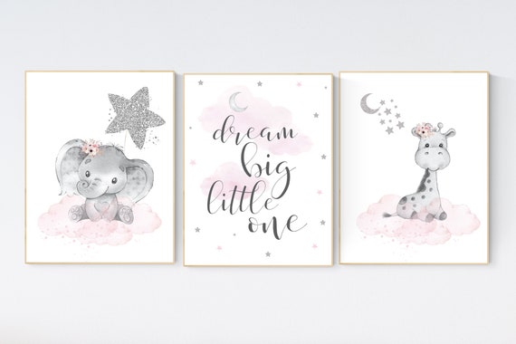 Animal nursery, nursery decor girl pink silver, nursery decor girl woodland animals, teddy bear, elephant, giraffe, baby girl nursery prints