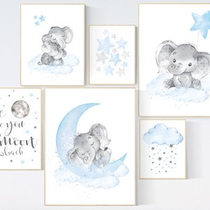 Nursery decor elephant, nursery wall art boy, Blue grey, moon and stars nursery, elephant nursery art, moon nursery art, baby room wall art