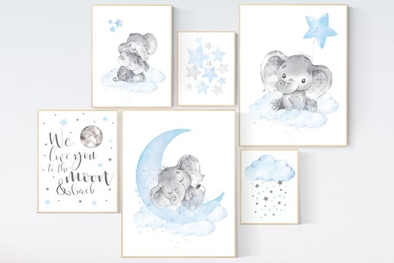 Nursery decor elephant, nursery wall art boy, Blue grey, moon and stars nursery, elephant nursery art, moon nursery art, baby room wall art