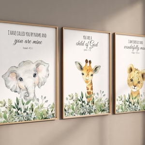Animales de la jungla, impresiones de animales de safari para guardería, animales de safari, guardería de safari, vegetación, guardería de género neutro, guardería con versículos, versículo bíblico