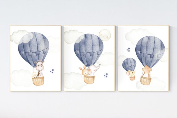 Nursery decor boy travel, Hot air balloon nursery, Nursery decor boy, navy blue, travel theme, elephant, bear, giraffe, bunny, animals