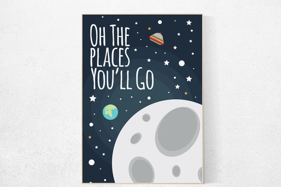 Oh the places you'll go, outer space nursery wall art, navy space nursery decor, baby boy, moon print, playroom decor, kids room, space art