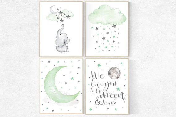 Green nursery decor, nursery decor elephant, nursery decor neutral, we love you to the moon and back, gender neutral nursery, nursery prints