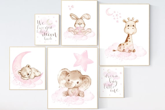 Nursery decor girl woodland, nursery prints set, Nursery decor jungle, nursery prints animal, pink nursery art, elephant giraffe bear bunny