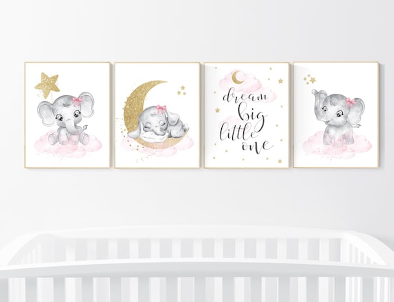 Nursery decor girl, pink and gold, Nursery decor girl elephant, pink gold, nursery wall decor, nursery wall art girl, elephant nursery art