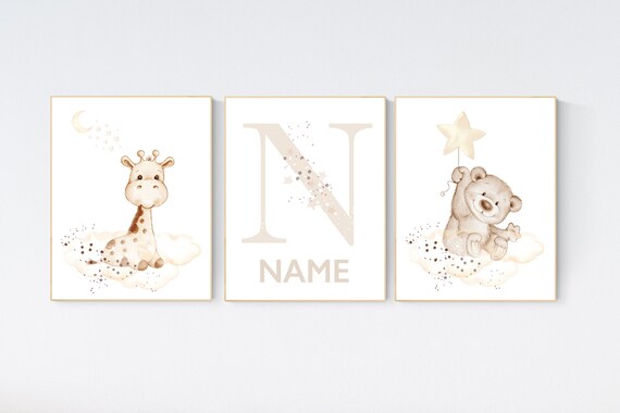 Nursery wall art animals, beige nursery, gender neutral nursery, neutral nursery, baby room decor, bear, giraffe, name nursery, neutral