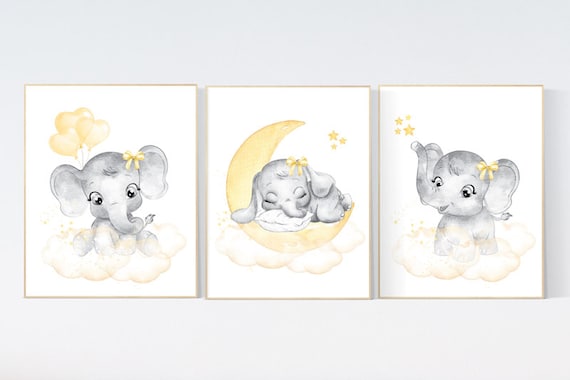 Nursery decor girl yellow and gray, nursery wall art elephant, yellow, grey, elephant balloon, girl nursery decor, yellow nursery, animals